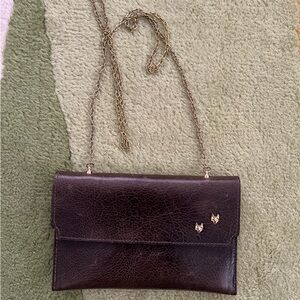 Moss and Mills Dark Brown Leather Clutch with Gold Chain and Fox or Wolf